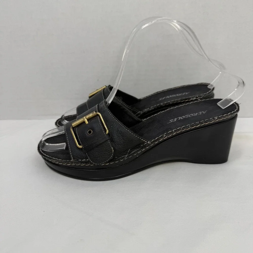 Vintage Y2K Aerosoles Black Leather Wedge Slide Sandals Buckle Detail Womens 6.5